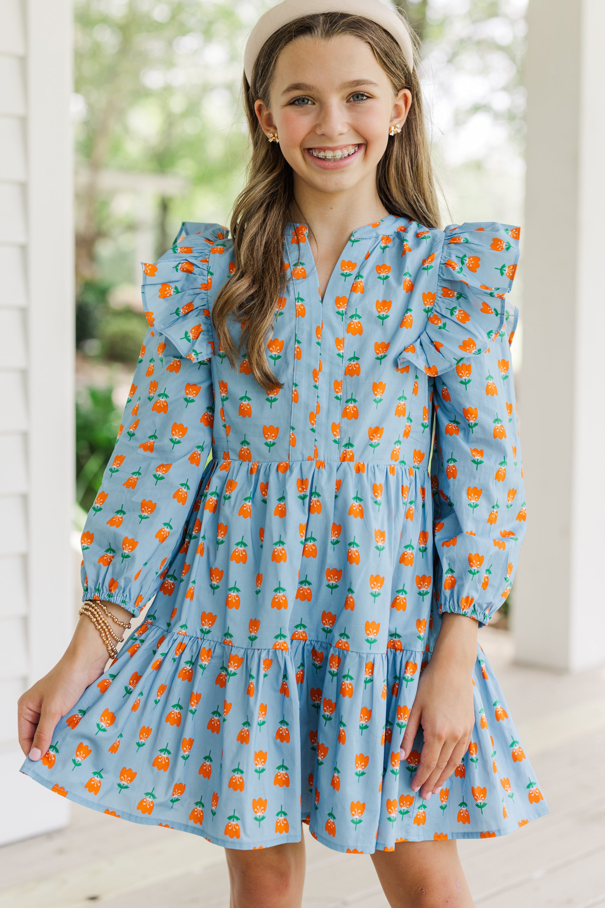 Irresistible Blue Floral Long-Sleeve Babydoll Dress for Girls