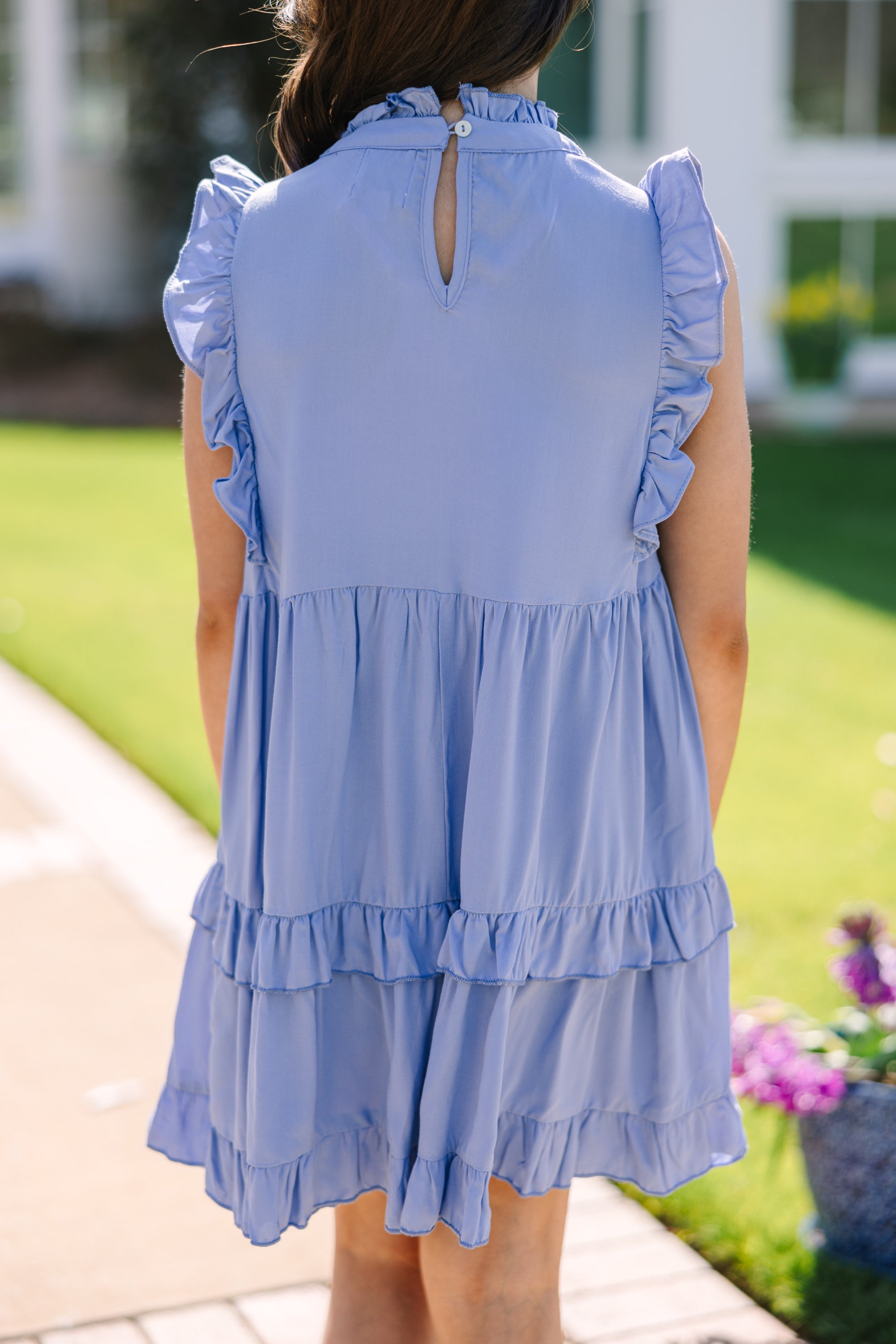 Girls' Denim Blue Floral Babydoll Dress: Keep Promises in Style!